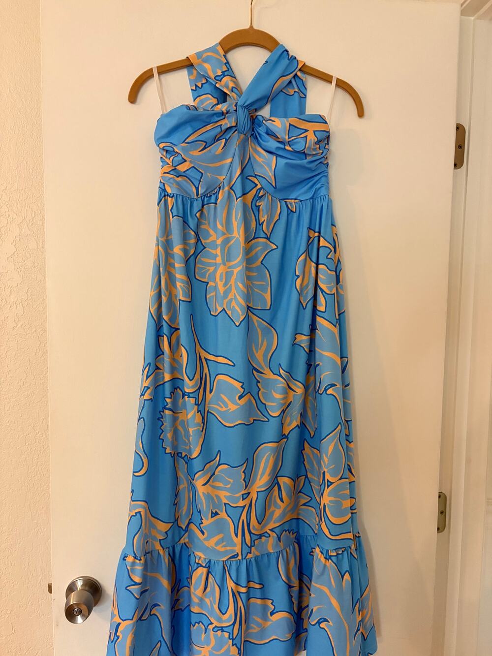 Grace Karin NWT Blue Tropical Floral Halter Maxi Dress Bow Neck Women's S Reort